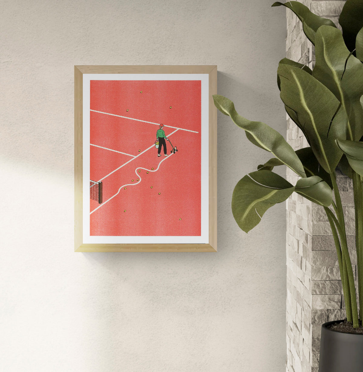 Simon Bailly Tennis A3 Risograph print showing a tennis court worker marking white lines across a bold red court with scattered yellow balls, vertical contemporary wall art.