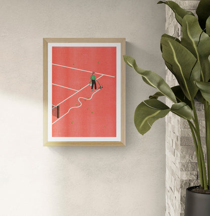 Simon Bailly Tennis A3 Risograph print showing a tennis court worker marking white lines across a bold red court with scattered yellow balls, vertical contemporary wall art.