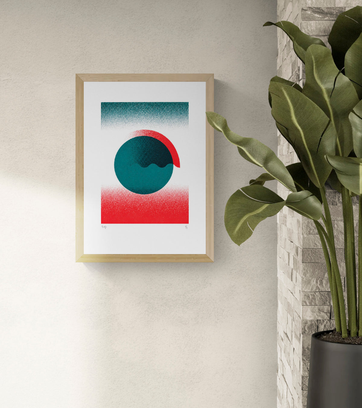 Green Gradient by PLUMO, vertical A3 hand-pulled screenprint featuring layered circular forms, deep teal green, bright red gradients and textured geometric shapes for modern wall decor.
