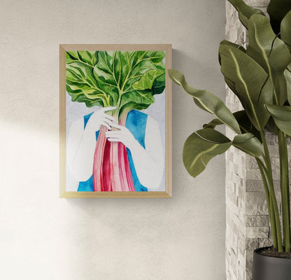 Surreal watercolor illustration of a person holding vibrant rhubarb leaves in front of their face, printed as a vertical giclée art print in rich green, pink, and blue tones, ideal for kitchen wall art and contemporary home décor.