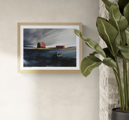 Approaching Storm by Robert P. Archer, horizontal coastal scene with a lone rower on dark blue water, red buildings and a grey storm sky; digital print for living room or study wall decor.