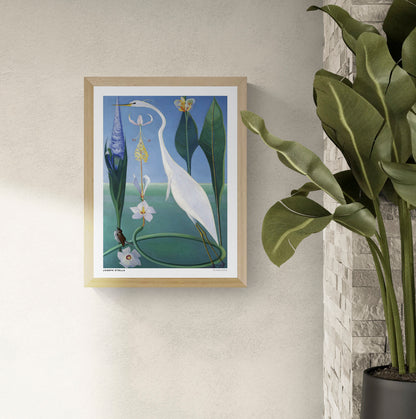 The White Heron by Joseph Stella, a vertical modernist botanical artwork featuring a graceful white heron, tropical flowers and lush green leaves against a blue background. Digital art print for nature-inspired wall decor.