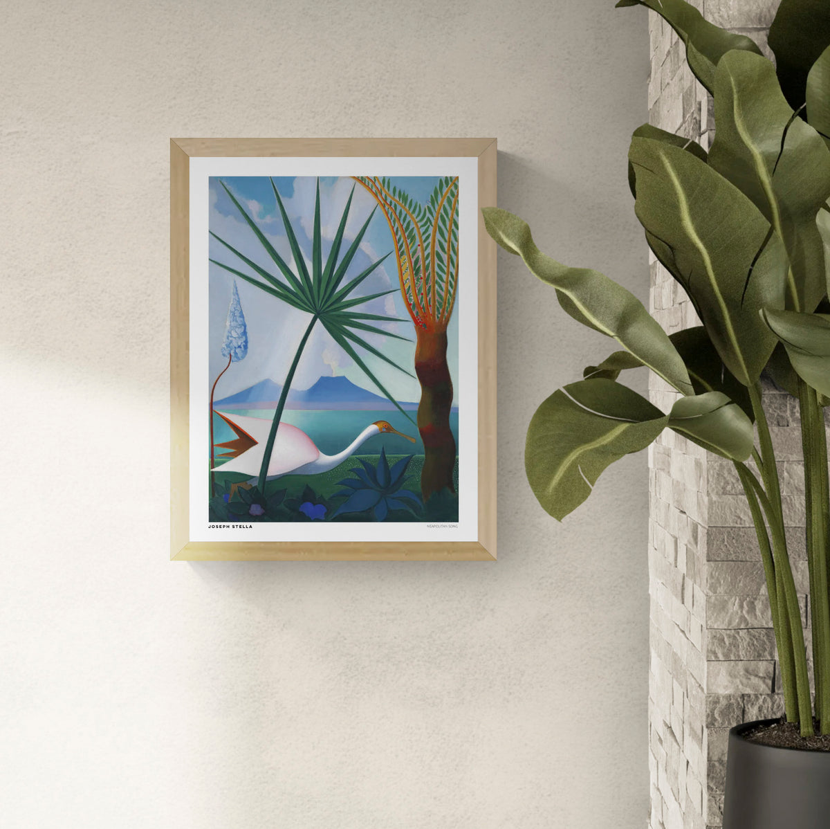 Joseph Stella's Neapolitan Song digital art print featuring a white bird, tropical green leaves, turquoise sea, blue mountains, and a distant volcano. Colorful vertical wall art for living rooms.