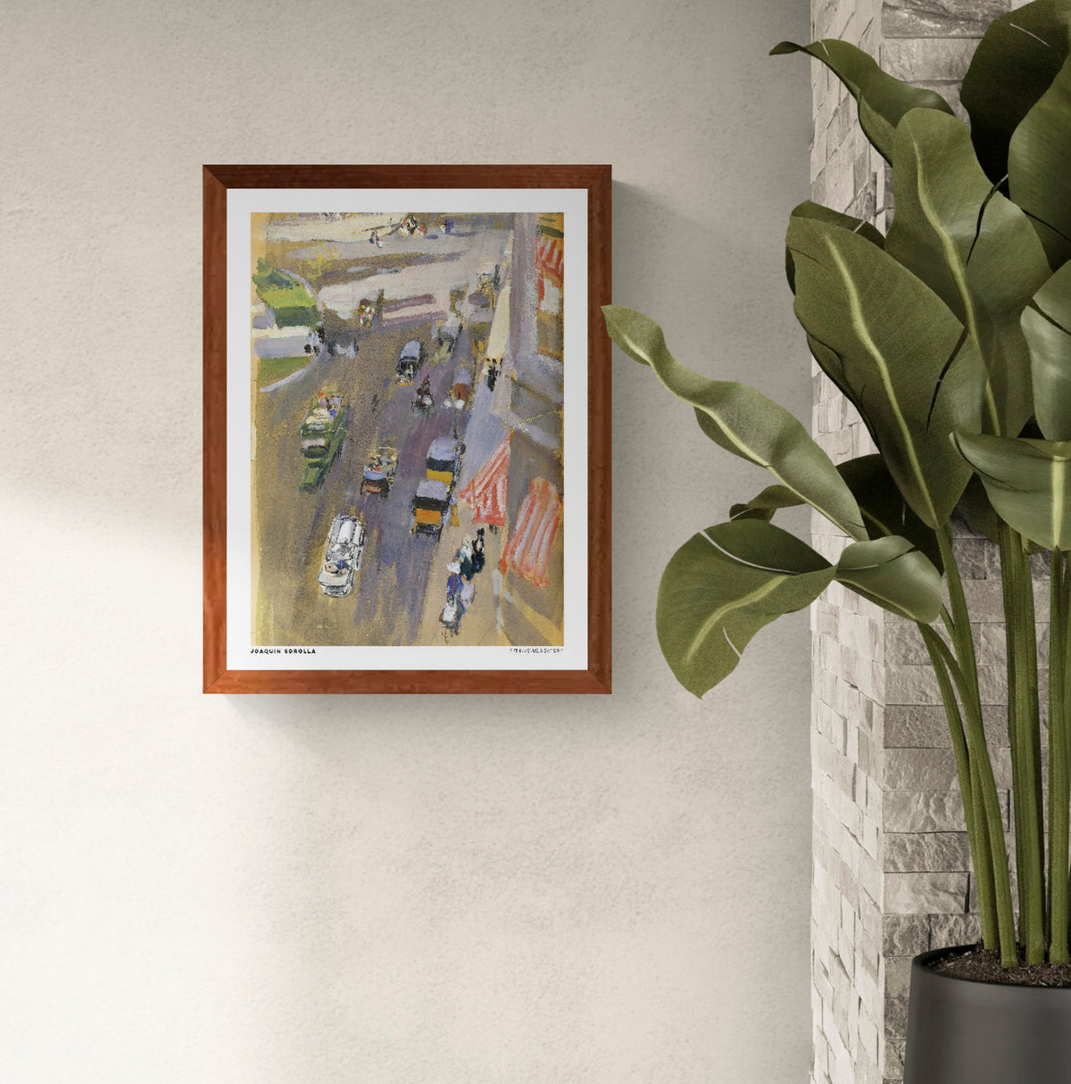 Vertical vintage cityscape of Fifth Avenue, New York by Joaquín Sorolla, showing early automobiles, pedestrians and colorful storefronts in loose, impressionist brushstrokes. Warm muted tones, ideal for classic or eclectic wall decor.