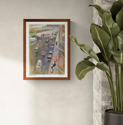 Vertical vintage cityscape of Fifth Avenue, New York by Joaquín Sorolla, showing early automobiles, pedestrians and colorful storefronts in loose, impressionist brushstrokes. Warm muted tones, ideal for classic or eclectic wall decor.