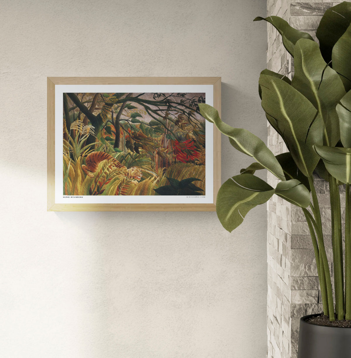 Henri Rousseau's Tiger in a Tropical Storm, a horizontal naïve-style jungle painting with a crouching orange tiger, lush green foliage, golden grasses and red tropical leaves. Digital wall art print for home decor.