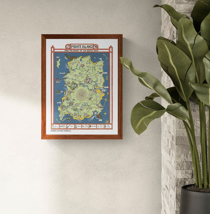 Vintage illustrated Pirate Island map by Gilbert Anthony Pownall, featuring a green island surrounded by blue sea, red borders, hidden treasures, pirate ships and playful landmarks. Vertical digital art print for nostalgic wall decor.