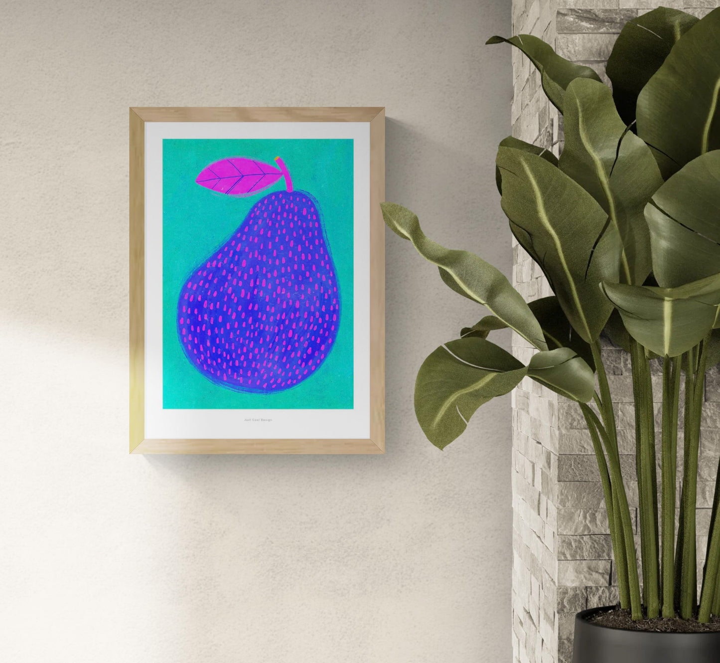 Vibrant giclée art print of a stylized blue-purple pear with pink dots and a bright magenta leaf, set against a turquoise background; bold, modern fruit illustration by Just Cool Design.