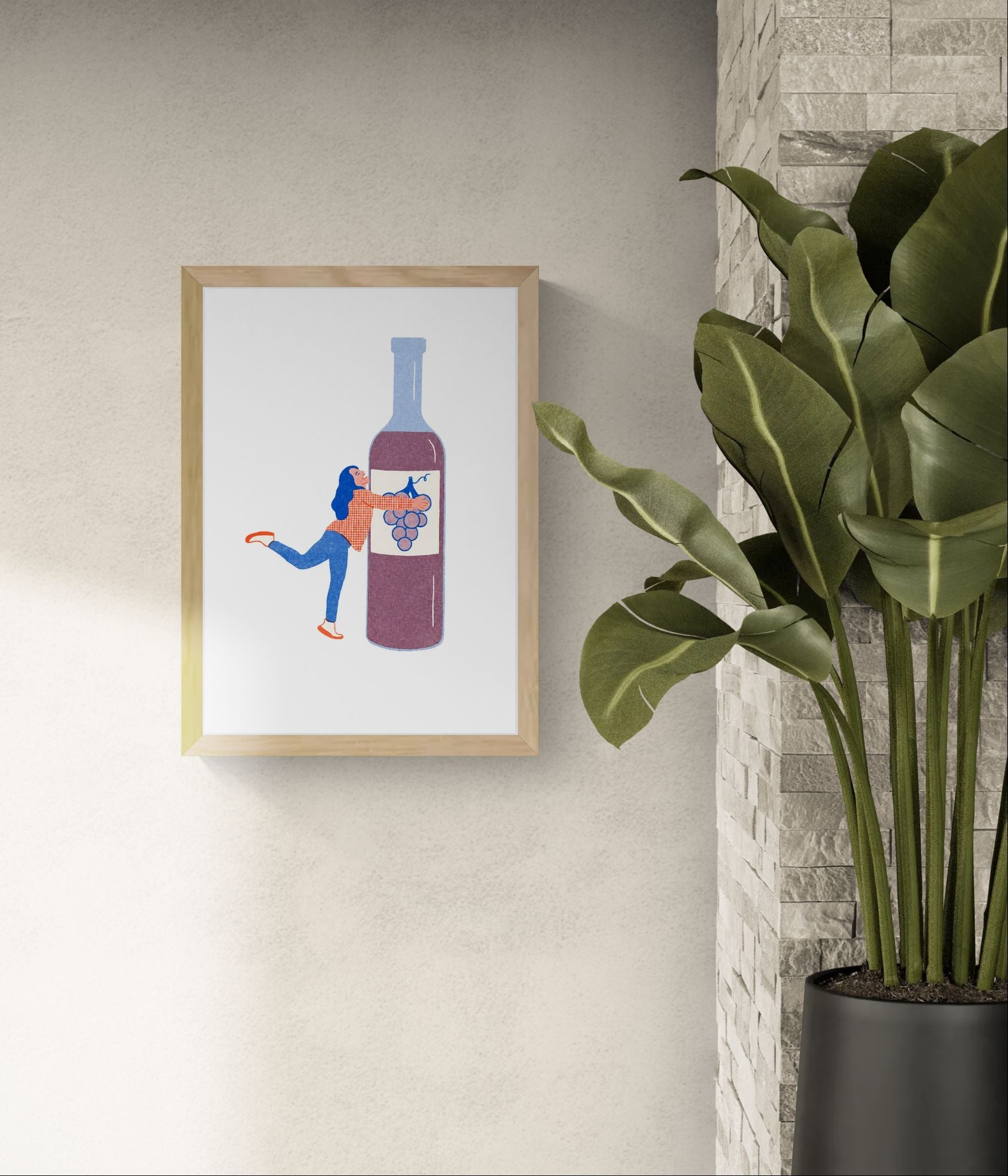 Playful risograph art print featuring a woman hugging a large wine bottle, illustrated in a bold graphic style with blue, red, and purple tones on a light background. Vertical A3 wall art ideal for kitchens, dining rooms, wine lovers, and contemporary home decor.