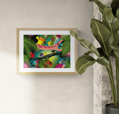 Bold and colorful jungle scene illustration by Studio Frits featuring a lively mix of exotic birds—including toucans and tropical songbirds—nestled among lush green leaves and graphic foliage. A striking, contemporary art print that brings the vibrancy of the Amazon rainforest into your space—perfect for modern interiors, bird lovers, and nature-inspired decor