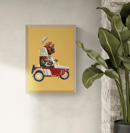Go Bananas by Floor 4 Productions – Belgian art print of a gorilla driving a vintage scooter with a raccoon sidekick eating ice cream, colorful retro illustration for modern quirky wall decor.