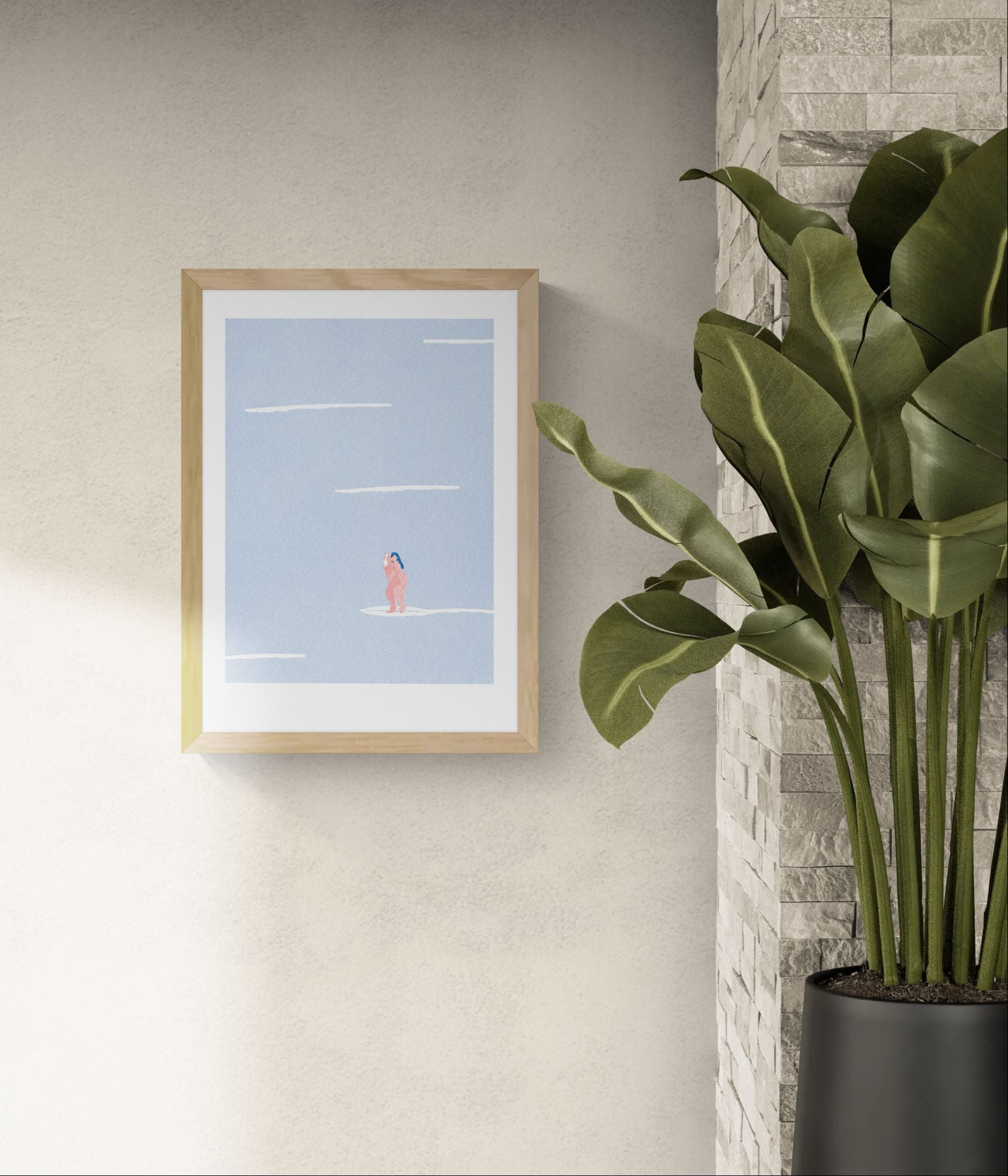 Minimalist risograph art print featuring two nude female figures standing together on a white surf-like shape in a pale blue textured landscape, soft pink and blue tones, portrait orientation, contemporary wall art for modern interiors.