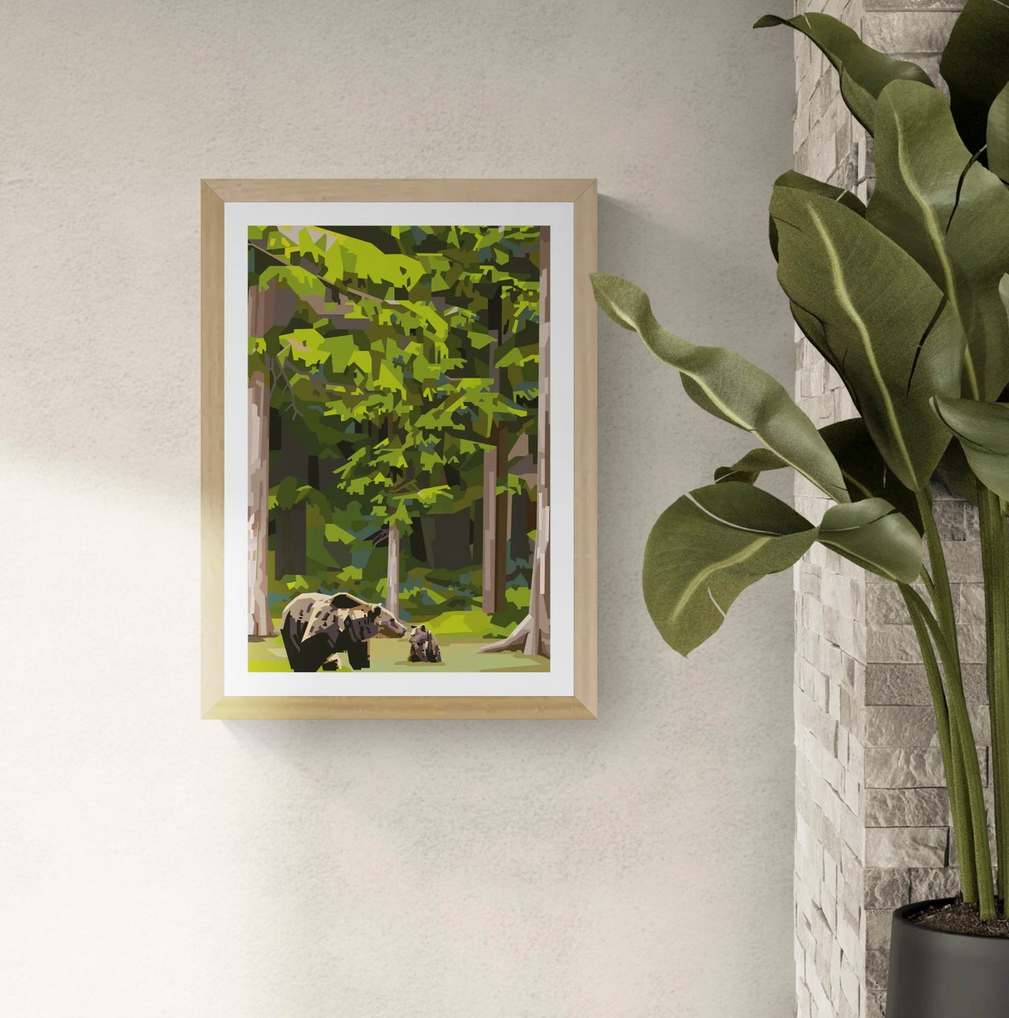 Momma Bear by Floor 4 Productions, limited edition A3 woodland art print featuring a mother bear and cub in a peaceful green forest scene.