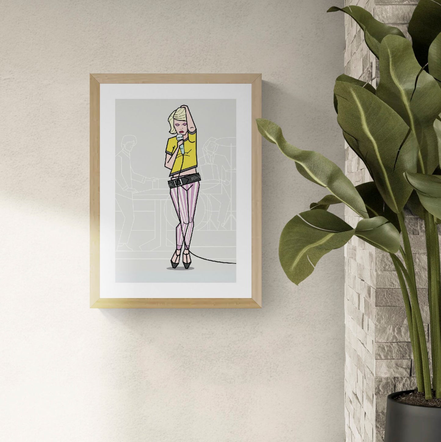 Illustration of a stylish punk singer in pastel striped pants and a yellow crop top, holding a microphone with confident attitude, created by Floor 4 Productions. Modern geometric line style with subtle band figures in the background. Limited edition art print available in A4 or A3, four-color print on matte 300g textured paper, perfect for music lovers and contemporary art collectors.