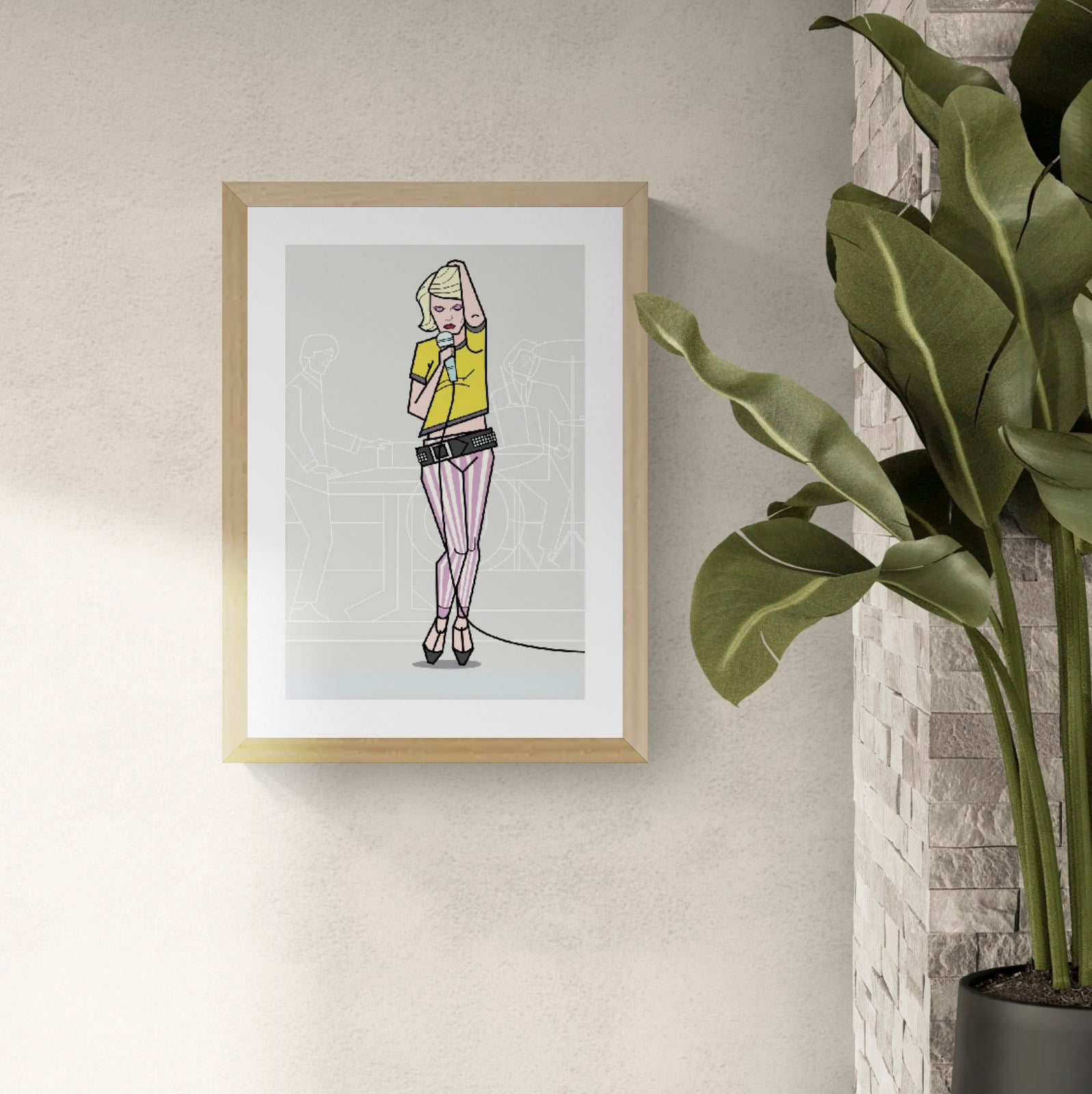 Illustration of a stylish punk singer in pastel striped pants and a yellow crop top, holding a microphone with confident attitude, created by Floor 4 Productions. Modern geometric line style with subtle band figures in the background. Limited edition art print available in A4 or A3, four-color print on matte 300g textured paper, perfect for music lovers and contemporary art collectors.