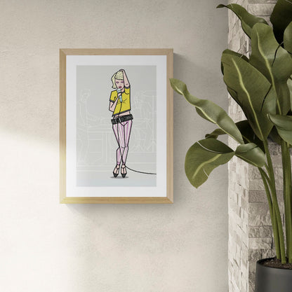 Illustration of a stylish punk singer in pastel striped pants and a yellow crop top, holding a microphone with confident attitude, created by Floor 4 Productions. Modern geometric line style with subtle band figures in the background. Limited edition art print available in A4 or A3, four-color print on matte 300g textured paper, perfect for music lovers and contemporary art collectors.