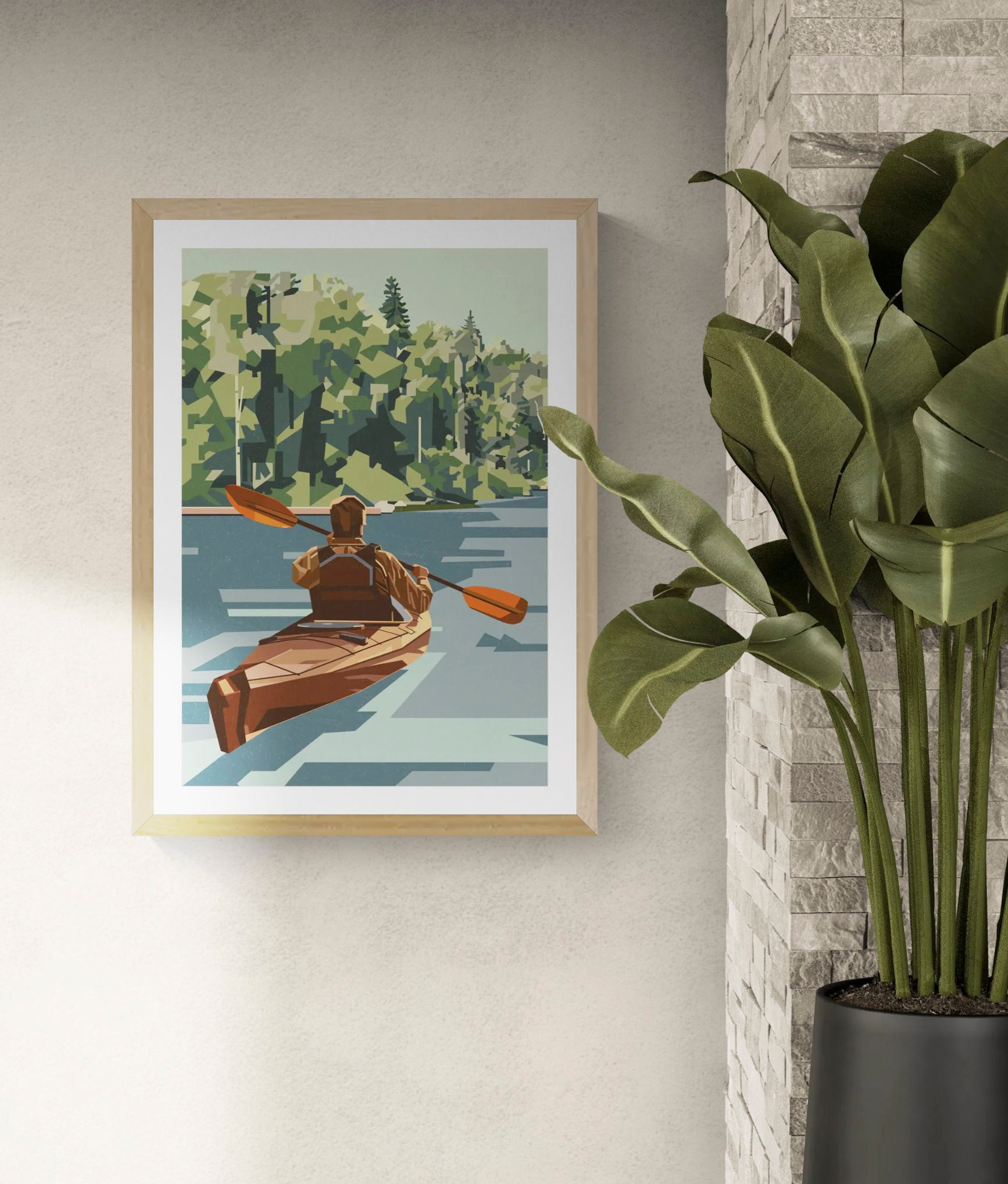 Out of Office A3 art print by Floor 4 Productions featuring a kayaker on a quiet lake surrounded by green forest, ideal for nature-inspired wall art and modern home decor.