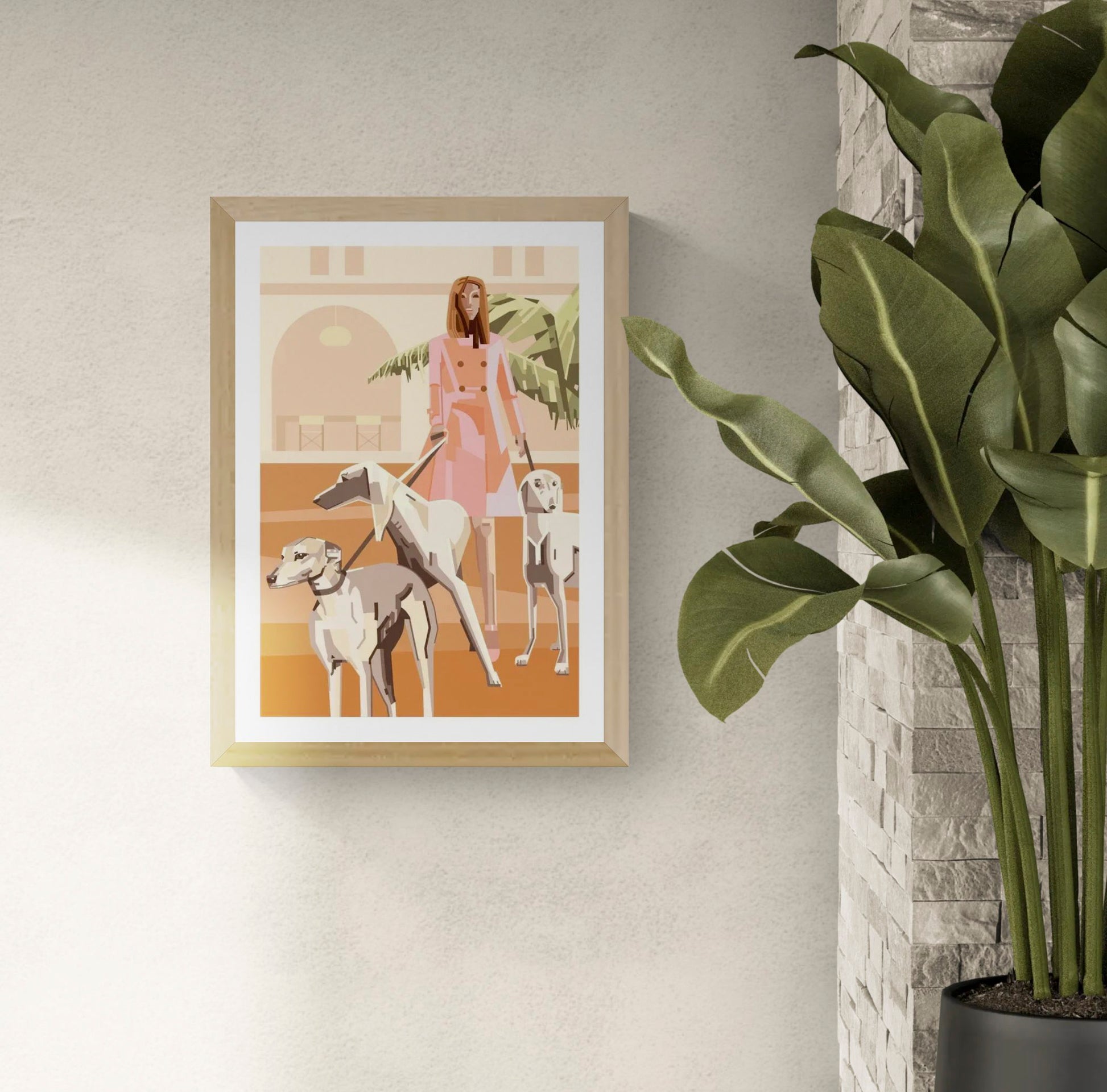 “Who Let the Dogs Out” by Floor 4 Productions – A3 digital art print of a fashionable woman walking three elegant greyhounds in a modern, pastel urban setting, Belgian illustration.