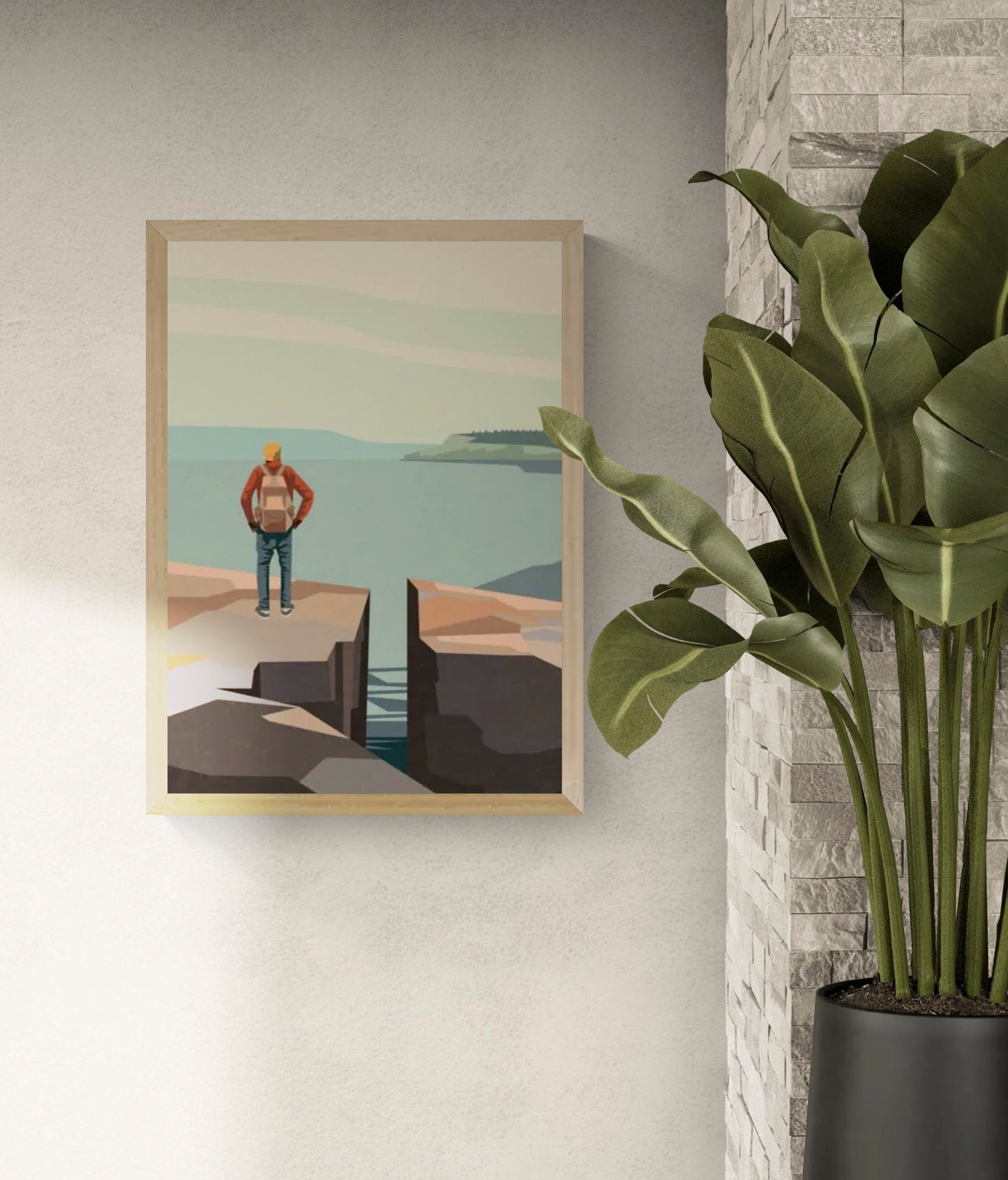 Digital art print “Walk with a View” by Floor 4 Productions, showing a lone hiker with a backpack standing on a rocky cliff, facing the sea and a distant island under pastel skies. Contemporary Belgian illustration.