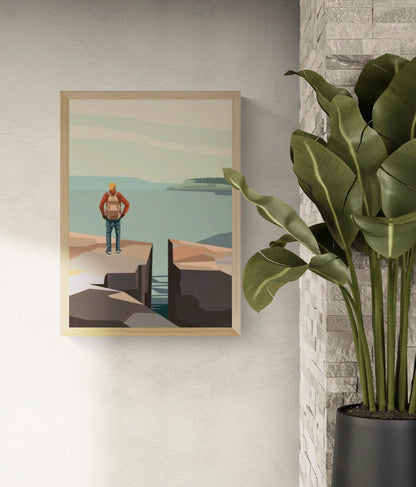 Digital art print “Walk with a View” by Floor 4 Productions, showing a lone hiker with a backpack standing on a rocky cliff, facing the sea and a distant island under pastel skies. Contemporary Belgian illustration.