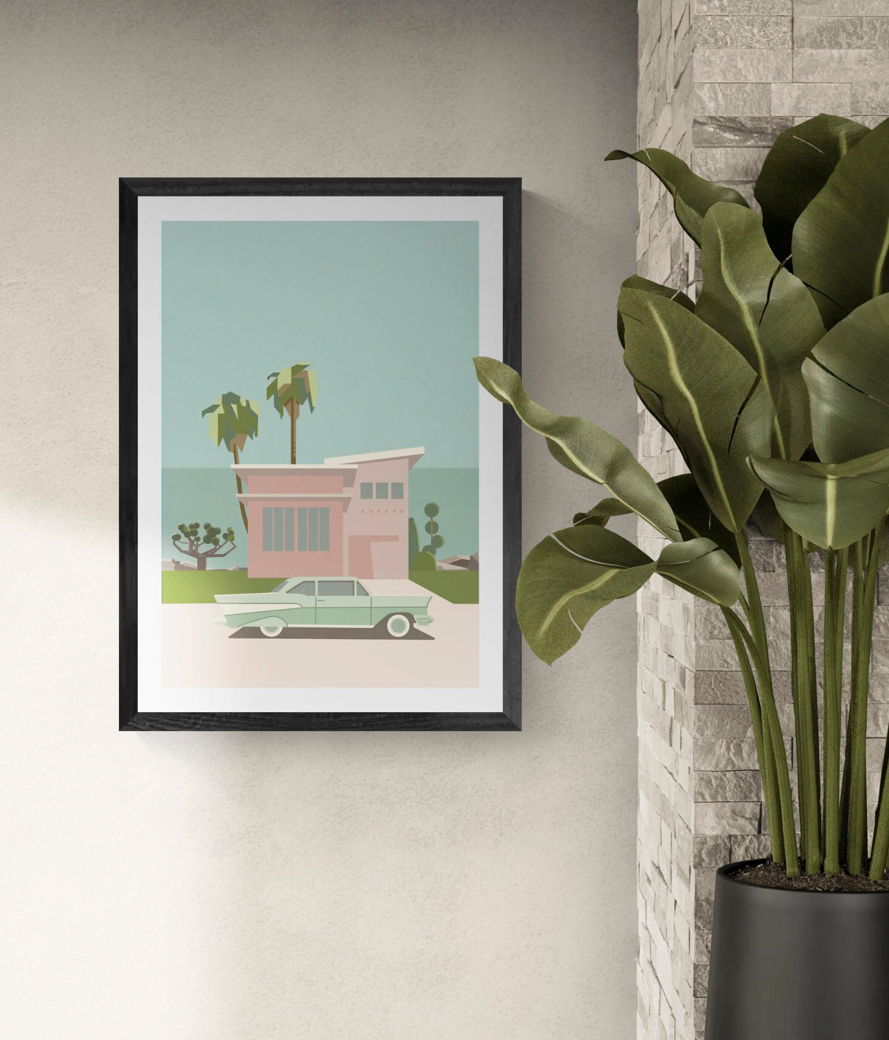 Minimalist illustration of a pastel mid-century house with palm trees and a vintage mint green car in front, titled Palm Springs by Floor 4 Productions – A3 art print.