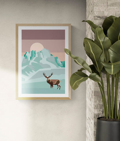 Minimalist illustration of a deer in a snowy mountain landscape with full moon by Floor 4 Productions – modern Scandinavian-style art print in soft pastel tones, perfect for nature lovers and contemporary home decor