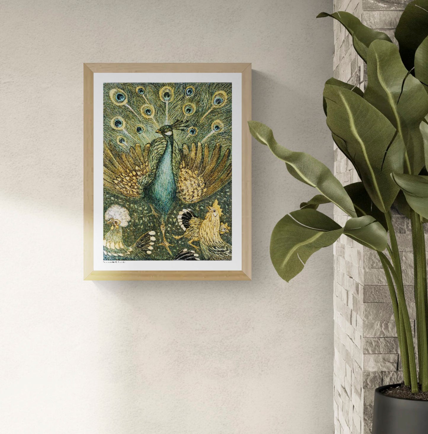 Vertical decorative art print of a peacock surrounded by chickens, illustrated in rich green, turquoise, gold and black tones in Theo van Hoytema’s Art Nouveau style, ideal as distinctive living room wall art.