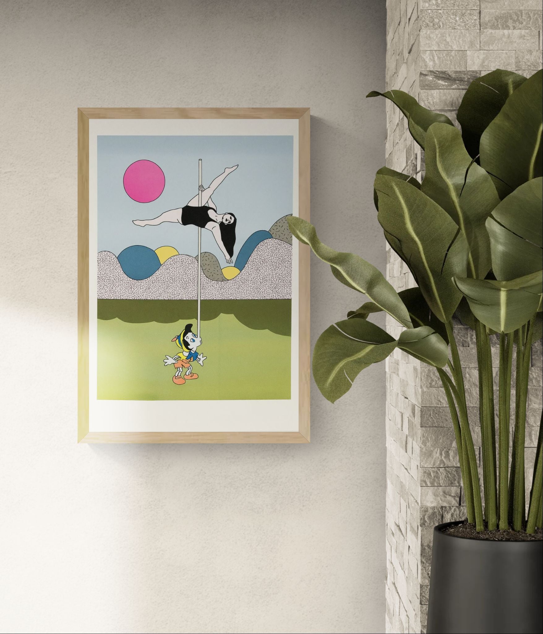 Limited-edition risograph print featuring a pole dancer balanced above a surprised Pinocchio character, created in Studio Stoutpoep's playful satirical style. Soft pastel colors, geometric landscape forms, and bold graphic composition for contemporary wall decor.