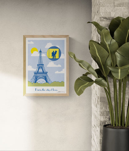 Risograph art print featuring the Eiffel Tower in Paris with a playful romantic scene highlighted inside a viewing circle, printed in blue and yellow tones on textured paper. Humorous contemporary wall art for living rooms, bedrooms, and modern interiors.