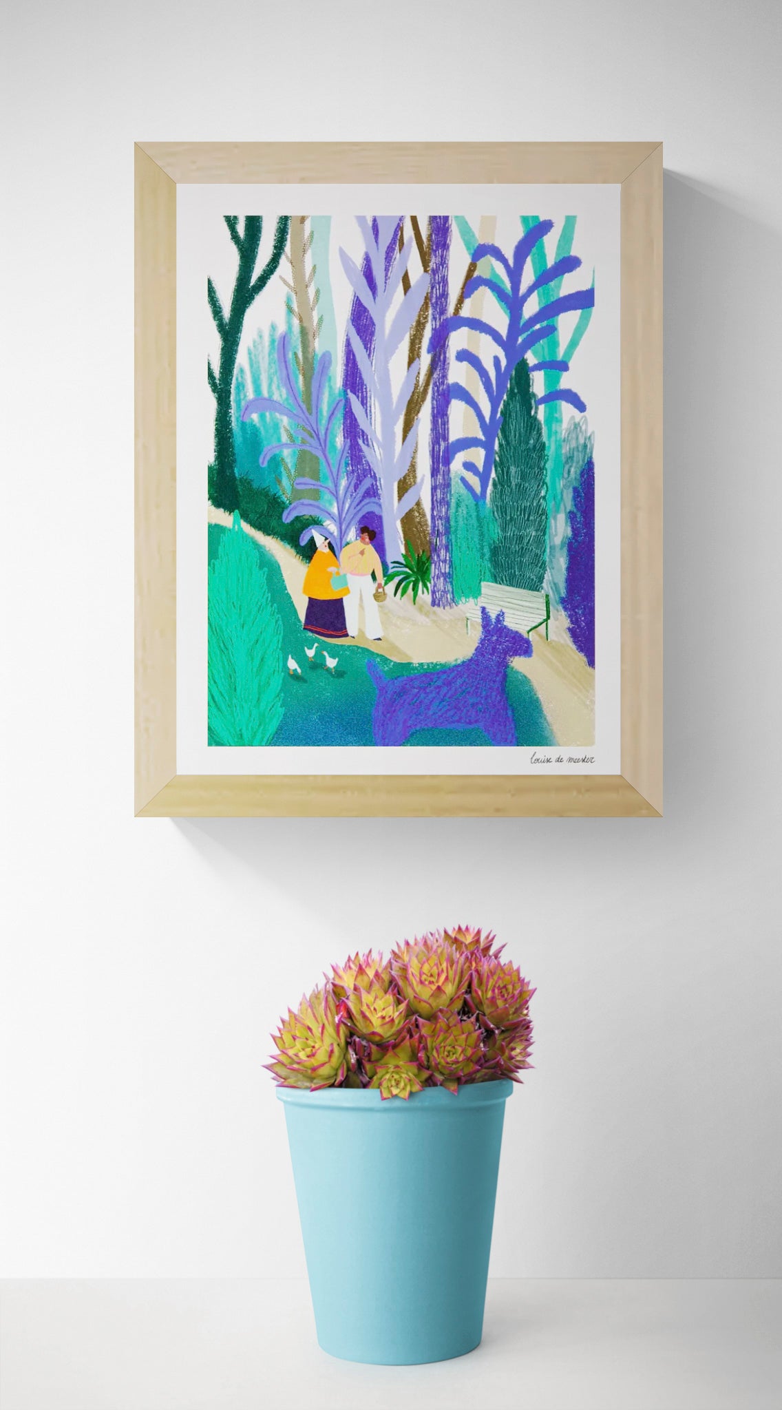 Digital art print "Blauwe Wandeling" by Louise de Meester, featuring two people walking in a lush, colorful park with large blue plants and a playful blue dog. Ideal for whimsical and nature-inspired home decor.