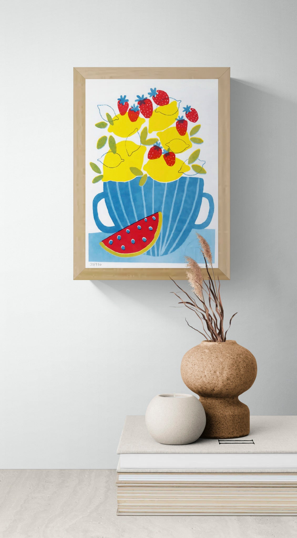 Teresa Rego Lemonade A5 risograph art print with bold yellow lemons, red strawberries and watermelon in blue cup, colorful contemporary kitchen wall art