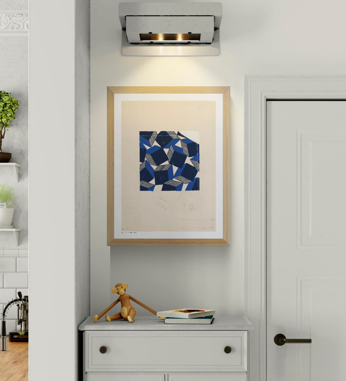 Geometric Bianchini-Férier silk fabric design with deep blue, navy and cream angular shapes and striped details, digitally printed in portrait format as graphic wall art.