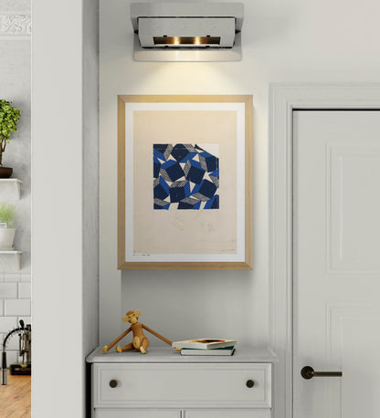 Geometric Bianchini-Férier silk fabric design with deep blue, navy and cream angular shapes and striped details, digitally printed in portrait format as graphic wall art.