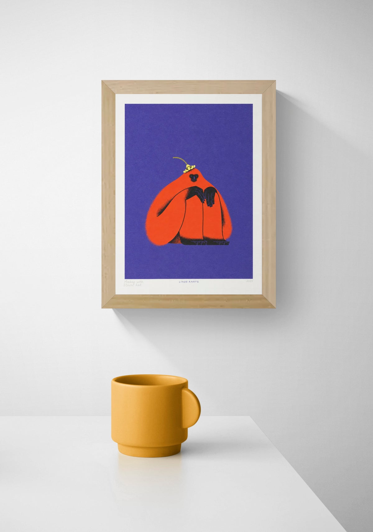 A4 vertical giclée art print by Linde Raats featuring a bright orange monkey with black hands and a small yellow flower hat against a deep purple background. Playful contemporary animal illustration for colourful wall decor.