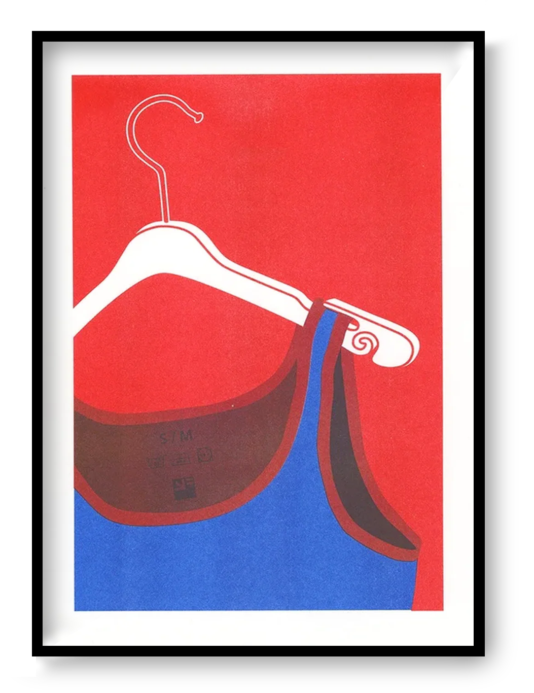 Risograph art print of a white coat hanger with a blue tank top by VrijFormaat. Minimalist red and blue composition celebrating everyday objects in bold graphic style. Perfect wall art for modern homes and design enthusiasts.