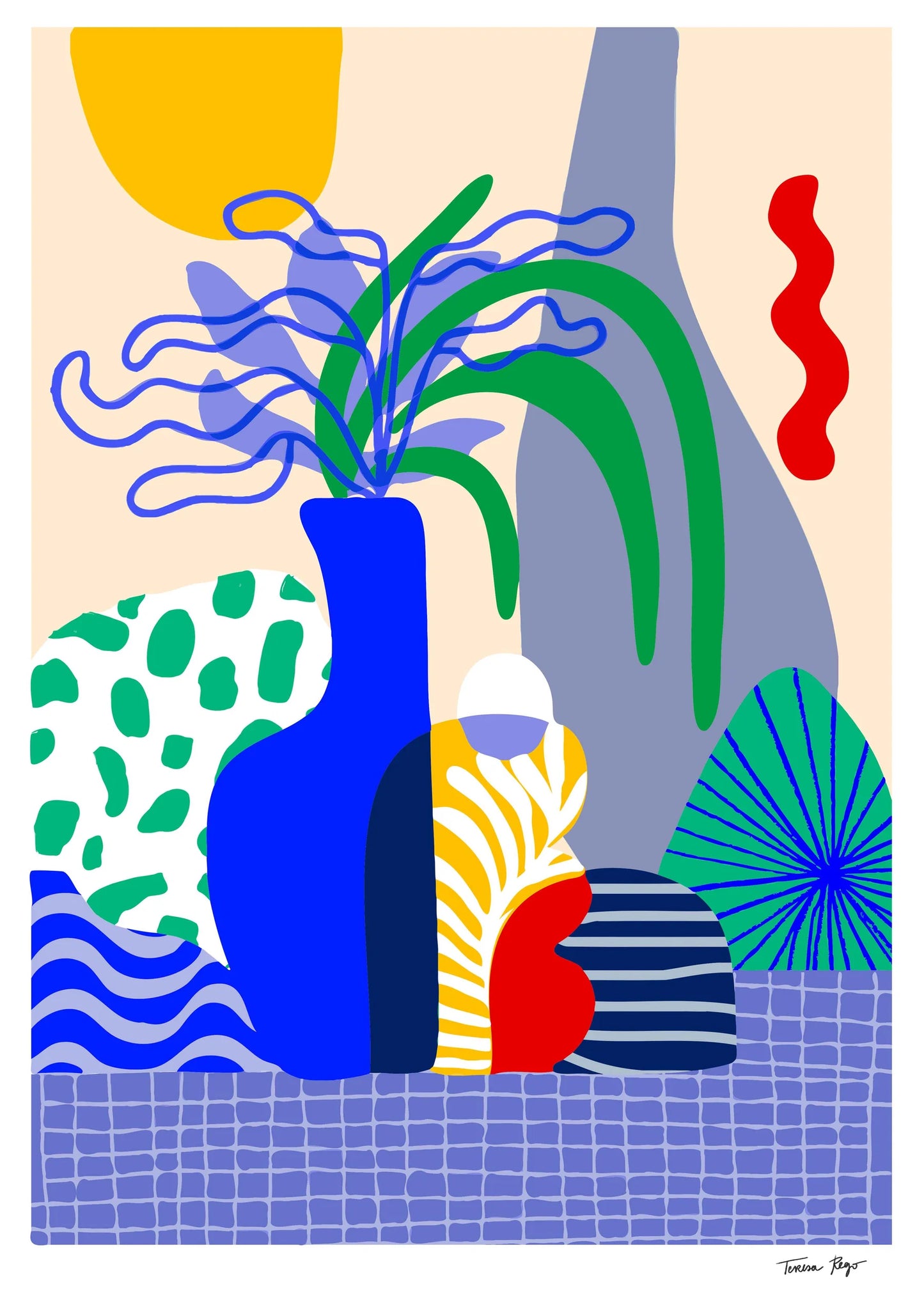 Vertical A3 giclée art print by Teresa Rego featuring a cobalt blue vase, patterned vessels and green leaves in a bold contemporary style, ideal for colourful living room wall decor.