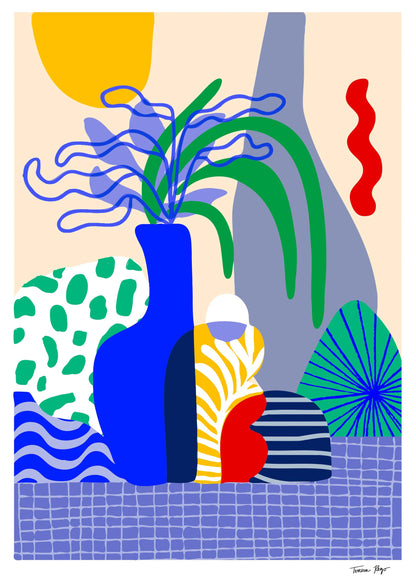 Vertical A3 giclée art print by Teresa Rego featuring a cobalt blue vase, patterned vessels and green leaves in a bold contemporary style, ideal for colourful living room wall decor.