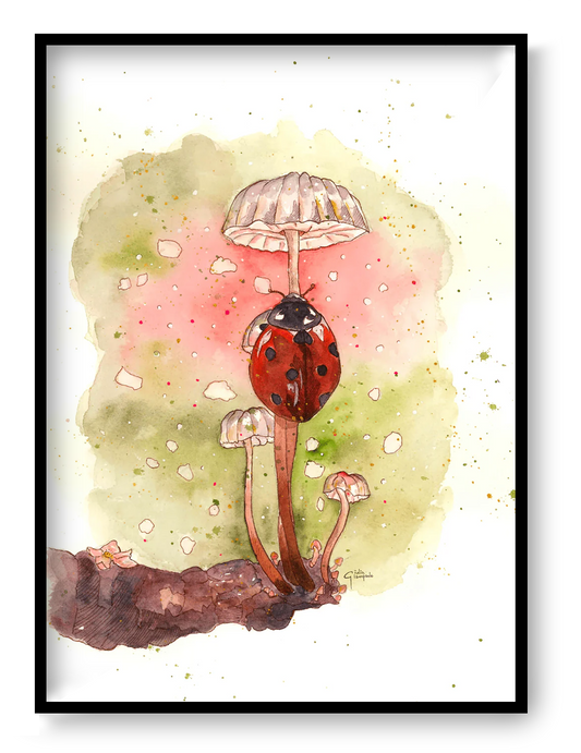 Watercolor illustration of a ladybug with soft colours, minimalist nature art print by Giu Watercolor