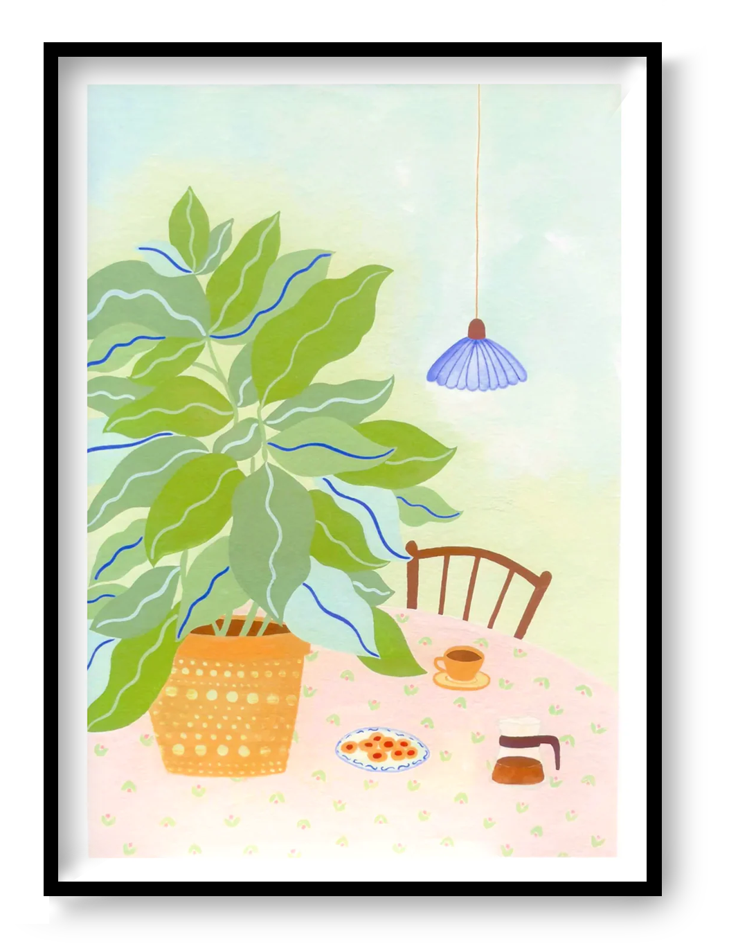 A3 illustration "Coffee Plant" by Leens showing a large leafy plant in a yellow pot, a table with a pink floral cloth, coffee cup, cookies, and carafe. Ideal for cozy kitchen or slow living decor.