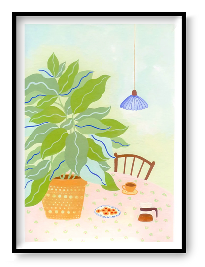 A3 illustration "Coffee Plant" by Leens showing a large leafy plant in a yellow pot, a table with a pink floral cloth, coffee cup, cookies, and carafe. Ideal for cozy kitchen or slow living decor.