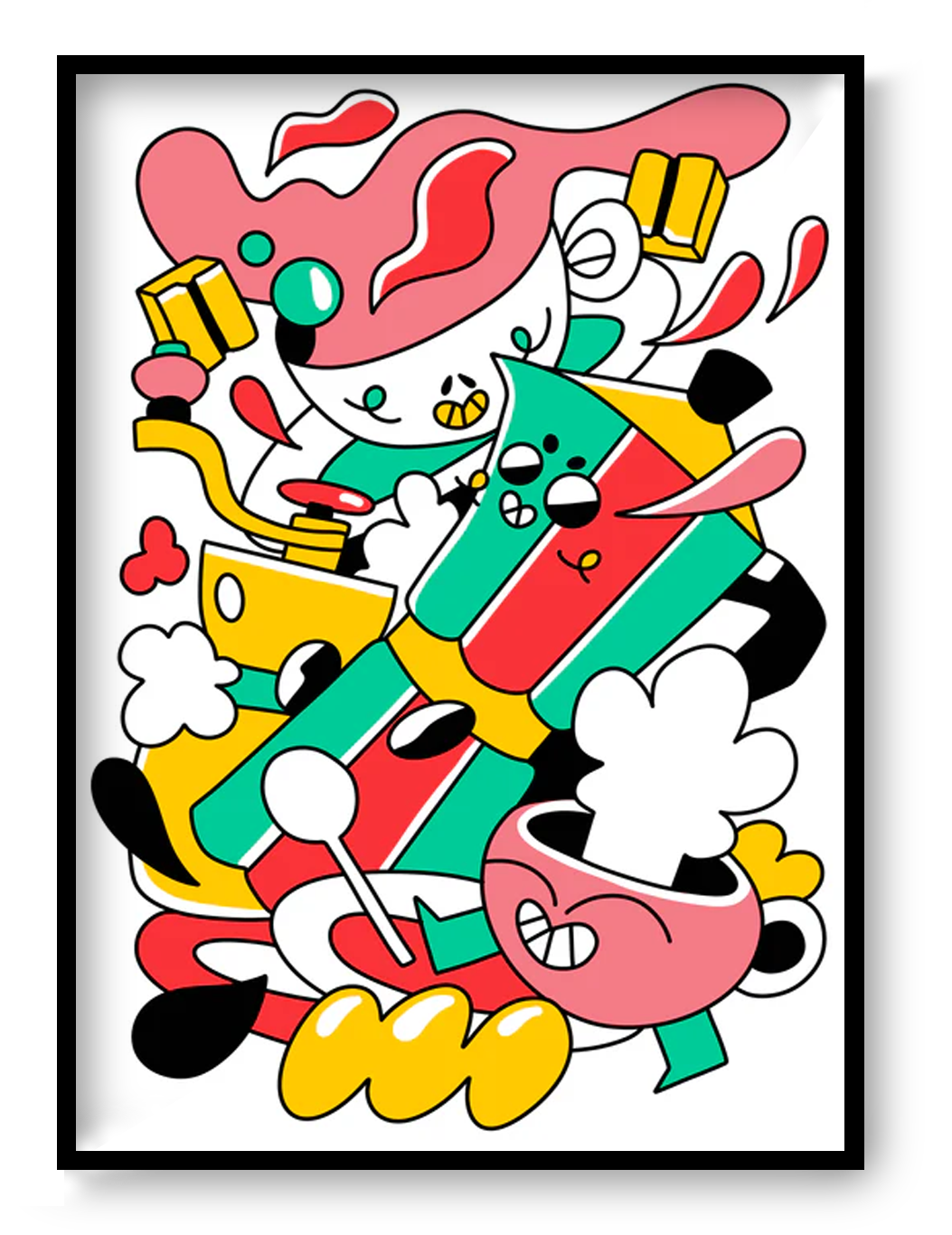 Colorful limited edition A3 risograph print titled “Coffee Rally” by Belgian artist Auwnanas, featuring playful cartoon characters, bold red, yellow, green and black shapes, dynamic coffee-themed elements, and energetic movement; modern quirky wall art for design lovers.