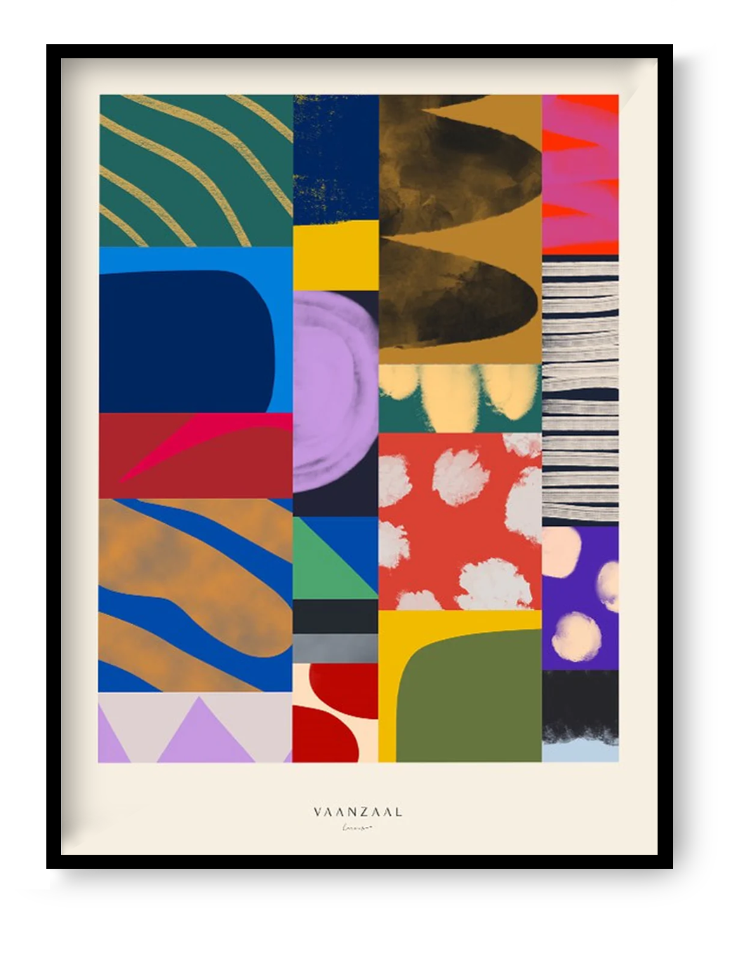 Colorful abstract art print titled ‘Collage’ by Marin Vaan Zaal, featuring bold geometric shapes and expressive textures in a modern patchwork composition. Contemporary wall art perfect for eclectic interiors and design lovers. Available at Galerie Frits