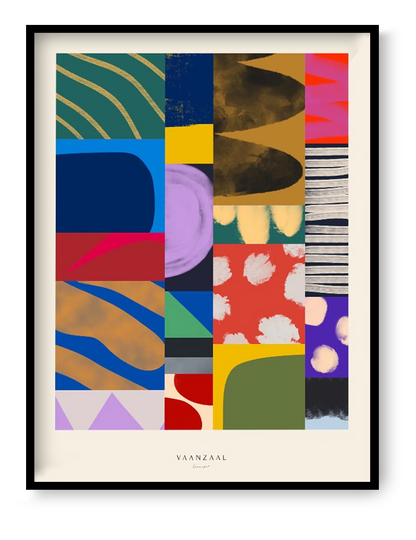 Colorful abstract art print titled ‘Collage’ by Marin Vaan Zaal, featuring bold geometric shapes and expressive textures in a modern patchwork composition. Contemporary wall art perfect for eclectic interiors and design lovers. Available at Galerie Frits