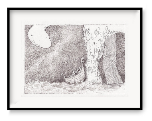 Black and white giclée art print by Willy Leung featuring a detailed drawing of a small boat sailing towards an enormous sea creature, with textured waves and a whimsical fantasy atmosphere – 30 x 40 cm fine art print.