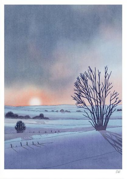 Collines art print by French illustrator Victor Pellet, 29.7 x 42 cm A3 risograph print in 4 colors, depicting a peaceful winter landscape at sunset with snow-covered hills and bare trees, printed on 150g Munken Print White paper, made in Belgium, unframed, packaged with protective sleeve and cardboard backing.