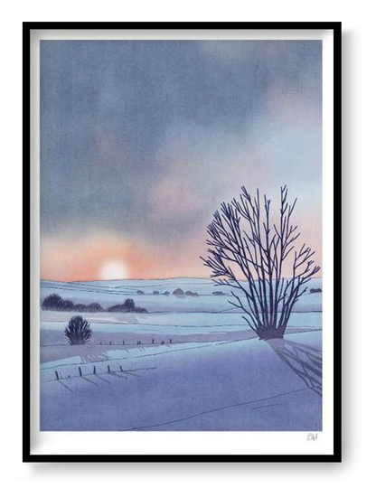 Collines art print by French illustrator Victor Pellet, 29.7 x 42 cm A3 risograph print in 4 colors, depicting a peaceful winter landscape at sunset with snow-covered hills and bare trees, printed on 150g Munken Print White paper, made in Belgium, unframed, packaged with protective sleeve and cardboard backing.