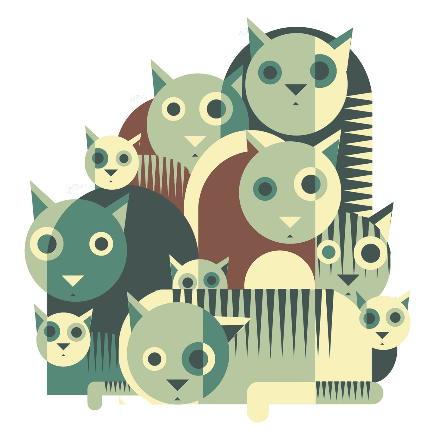 Playful geometric illustration of wide-eyed cats in bold green or orange tones by Belgian artist Gert Paenen. Modern minimalist design with layered shapes and rhythmic patterns, ideal for contemporary interiors, cat lovers, and graphic art collectors. 30 × 30 cm wall art print.