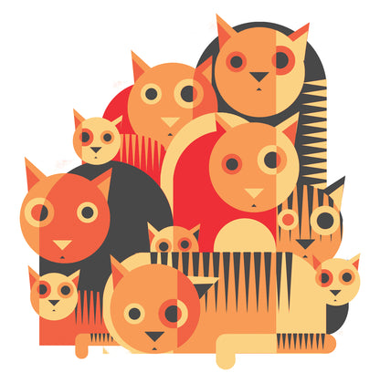Playful geometric illustration of wide-eyed cats in bold green or orange tones by Belgian artist Gert Paenen. Modern minimalist design with layered shapes and rhythmic patterns, ideal for contemporary interiors, cat lovers, and graphic art collectors. 30 × 30 cm wall art print.