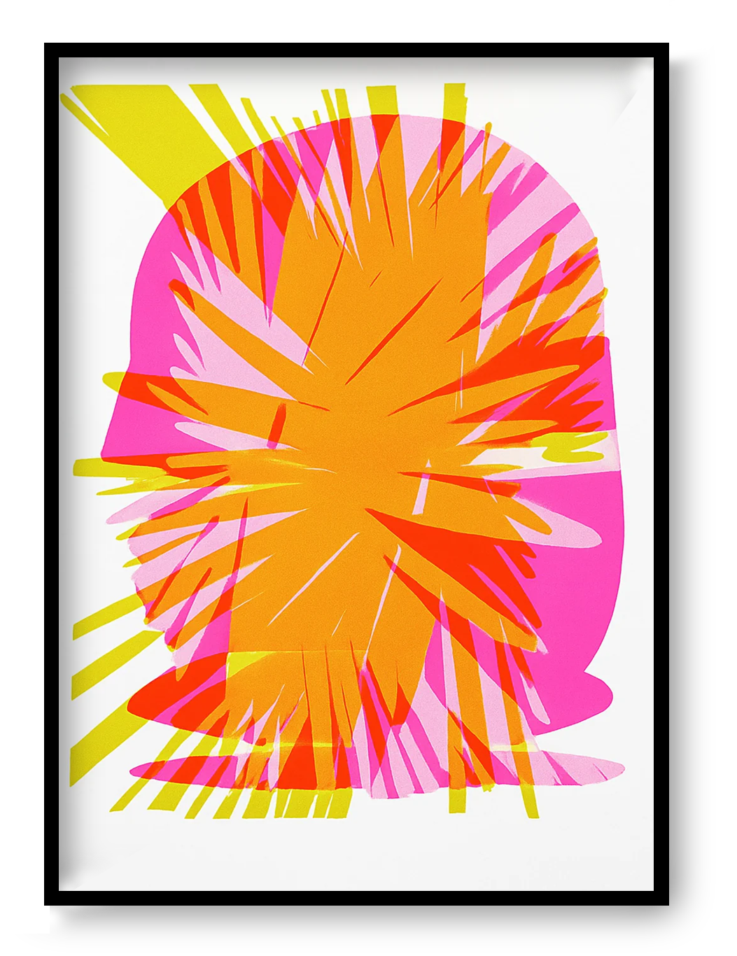 Abstract A3 risograph art print by PTRVRKD featuring vibrant layers of orange, pink, and yellow with bold, graphic explosion design – limited edition, handprinted in the Netherlands