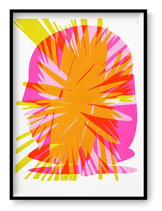 Abstract A3 risograph art print by PTRVRKD featuring vibrant layers of orange, pink, and yellow with bold, graphic explosion design – limited edition, handprinted in the Netherlands